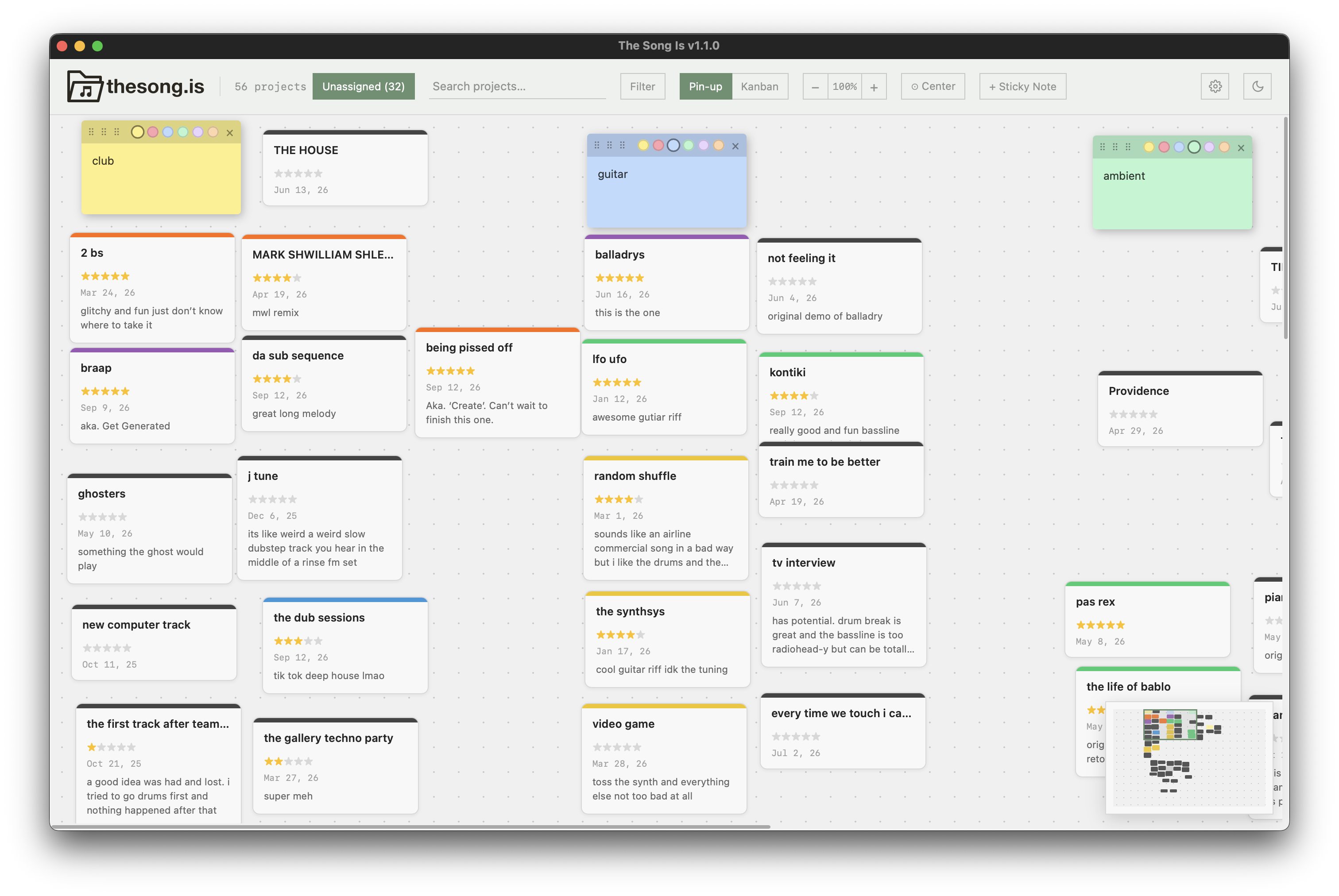 The Song Is Pin-up board with project cards, sticky notes and minimap